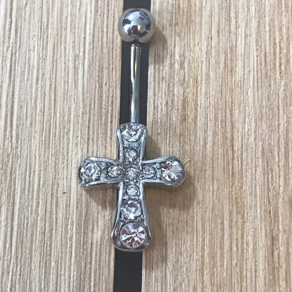 Jewelry - CLEAR GEM CROSS NON DANGLE BELLY BUTTON RING 14 GAUGE SURGICAL STEEL NEW